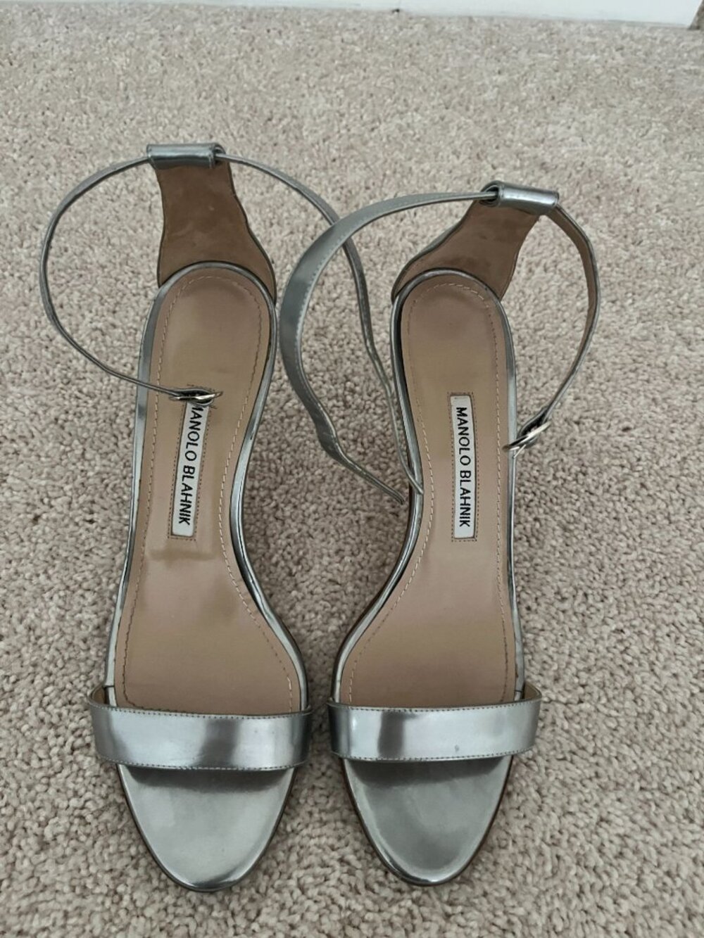 Manolo Blahnik Chaos Silver Sandals Strap‎ Classic Heels EU 38